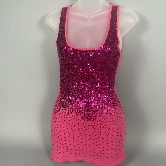 Bebe Y2K Pink Sequin Longline Tank Top - Picture 2 of 6